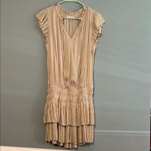 Current Air Tan Pleated Mini Sundress with Flutter Sleeves